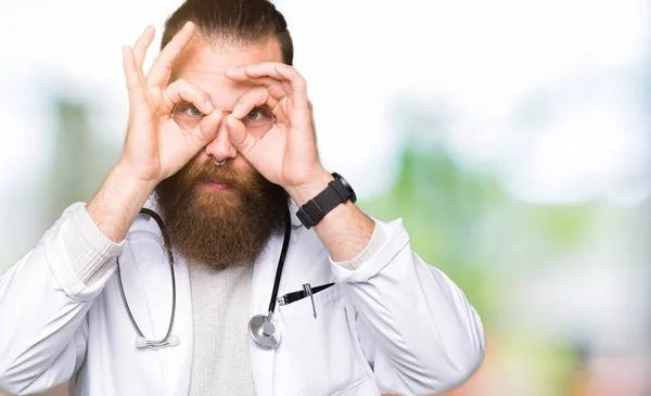 Young Blond Doctor Man Beard Wearing Medical Coat Doing Gesture — Stock Photo, Image