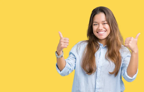 Jovem Mulher Negócios Bonita Morena Sobre Isolado Sinal Sucesso Fundo — Fotografia de Stock