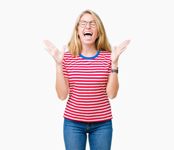 Hermosa Joven Con Gafas Sobre Fondo Aislado Celebrando Loco Loco — Foto de Stock