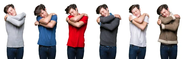 Collage Joven Sobre Fondo Blanco Aislado Abrazándose Feliz Positivo Sonriendo — Foto de Stock