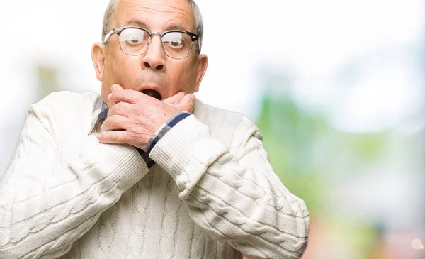 Handsome Senior Man Wearing Glasses Winter Sweater Shocked Covering Mouth — Stock Photo, Image