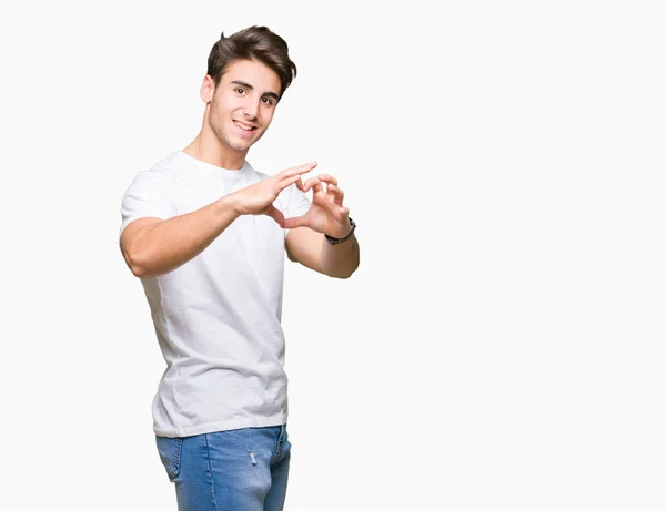 Joven Hombre Guapo Con Camiseta Blanca Sobre Fondo Aislado Sonriendo — Foto de Stock