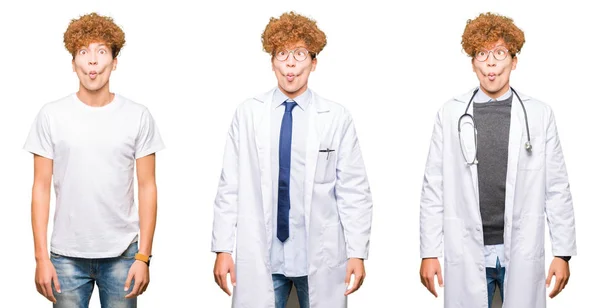 Collage Joven Doctor Con Abrigo Médico Sobre Fondo Blanco Aislado —  Fotos de Stock