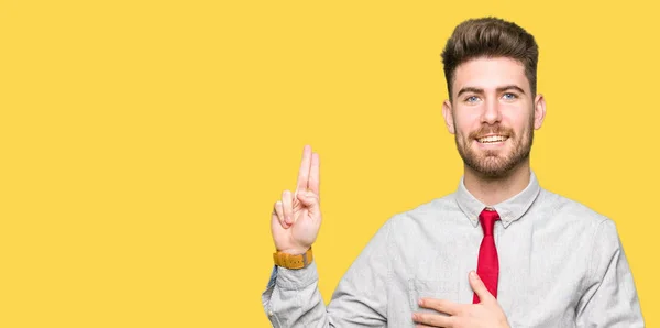 Young Handsome Business Man Swearing Hand Chest Fingers Making Loyalty — Stock Photo, Image