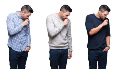 Beyaz izole arka plan üzerinde yakışıklı iş adamı kolaj duygusuz ve soğuk veya bronşit için belirti olarak öksürük. Sağlık konsepti.