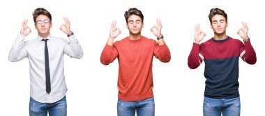 İzole arka plan üzerinde genç yakışıklı iş adamı kolaj rahatlayın ve gözleri ile gülümseyen meditasyon jest parmaklar ile kapalı. Yoga konsepti.