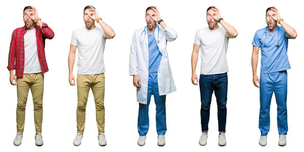 Collage Attractive Young Man White Isolated Background Doing Gesture Shocked — Stock Photo, Image