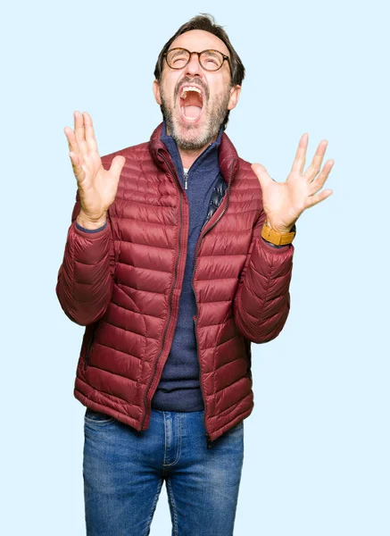 Middle Age Handsome Man Wearing Glasses Winter Coat Crazy Mad — Stock Photo, Image