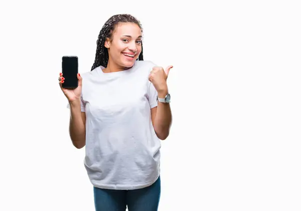 Jovem Trançado Cabelo Afro Americano Menina Mostrando Tela Smartphone Sobre — Fotografia de Stock