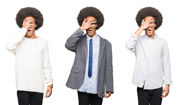 Colagem Jovem Com Cabelo Afro Sobre Fundo Isolado Branco Espreitando — Fotografia de Stock