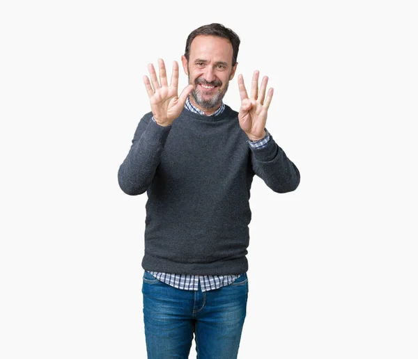 孤立した背景表示と指で上向きにセーターを着ているハンサムな中年年配の男性ナンバー ナイン自信を持って 幸せな笑みを浮かべて — ストック写真