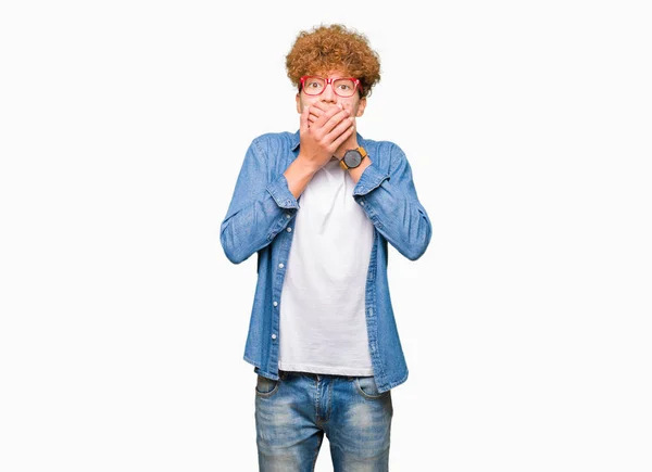 Young Handsome Man Afro Hair Wearing Glasses Shocked Covering Mouth — Stock Photo, Image