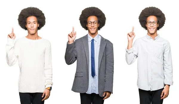 Colagem Jovem Com Cabelo Afro Sobre Fundo Isolado Branco Mostrando — Fotografia de Stock