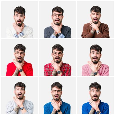 Kolaj genç bir adam üzerinde izole arka plan bağırarak ve çünkü boğmak acı kendi ellerimle öldürürüm. Sağlık sorunu. Yaralarından ve intihar kavramı.