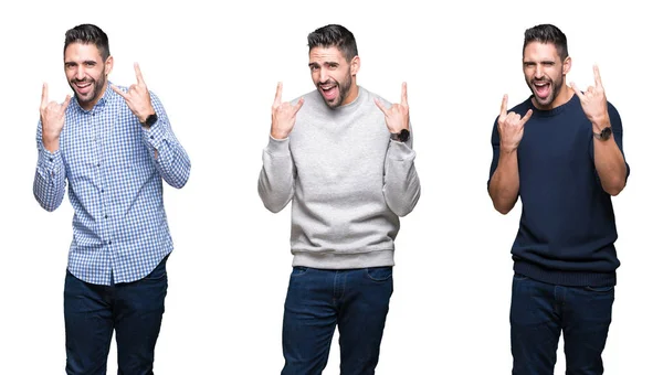 Colagem Homem Negócios Bonito Sobre Fundo Isolado Branco Gritando Com — Fotografia de Stock