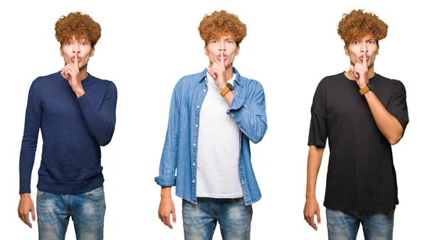 Koláž Mladých Mužů Kudrnatými Vlasy Osamělém Bílém Pozadí Které Žádají — Stock fotografie