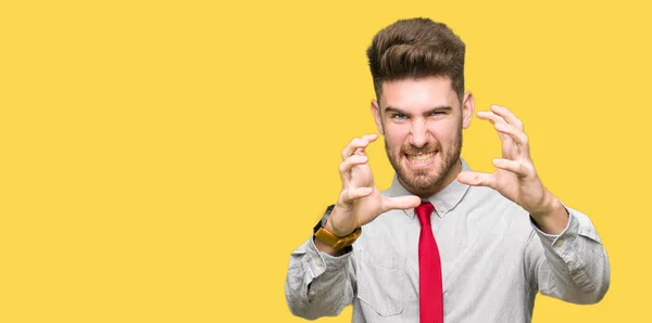 Young Handsome Business Man Shouting Frustrated Rage Hands Trying Strangle — Stock Photo, Image