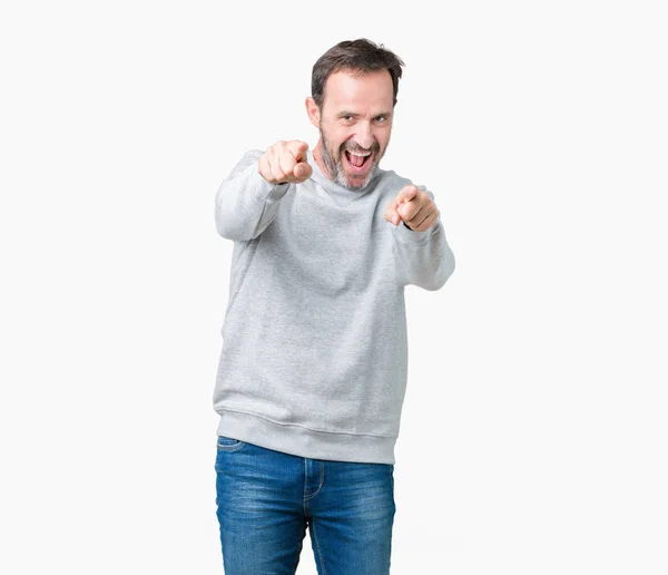 Handsome Middle Age Senior Man Wearing Sweatshirt Isolated Background Pointing — Stock Photo, Image