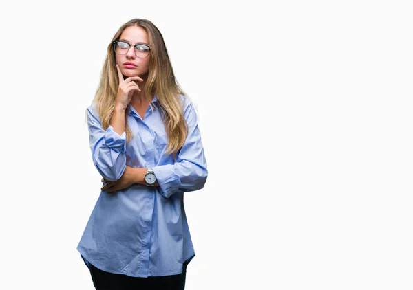 Young Beautiful Blonde Business Woman Wearing Glasses Isolated Background Hand — Stock Photo, Image