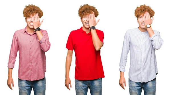 Colagem Jovens Empresários Homem Com Cabelos Cacheados Sobre Fundo Branco — Fotografia de Stock