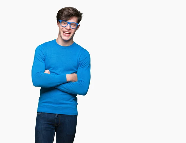Homem Bonito Jovem Vestindo Óculos Azuis Sobre Fundo Isolado Rosto — Fotografia de Stock