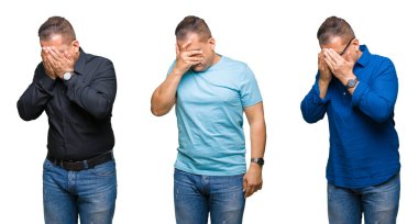 Arap orta yaş erkek yüz eller ile ağlayarak süre kapsayan üzgün ifade ile izole arka plan üzerinde bileşimi. Depresyon kavramı.