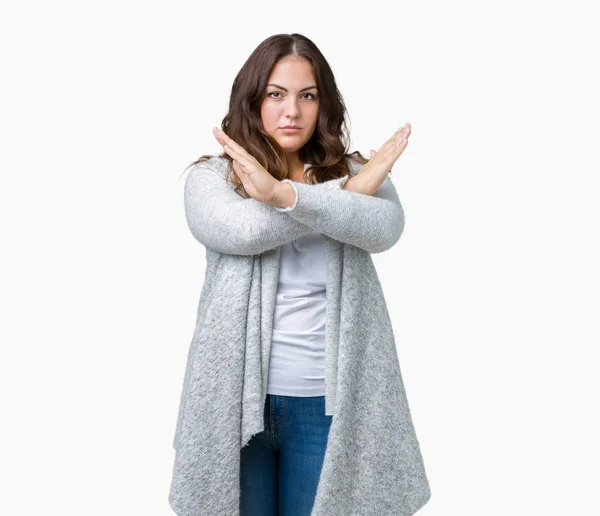 Mulher Bonita Size Usando Casaco Inverno Sobre Fundo Isolado Expressão — Fotografia de Stock