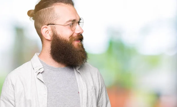 Young Blond Man Wearing Glasses Looking Away Side Smile Face — Stock Photo, Image