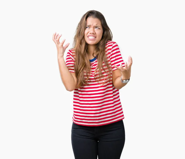 Young Beautiful Brunette Woman Wearing Stripes Shirt Isolated Background Crazy — Stock Photo, Image