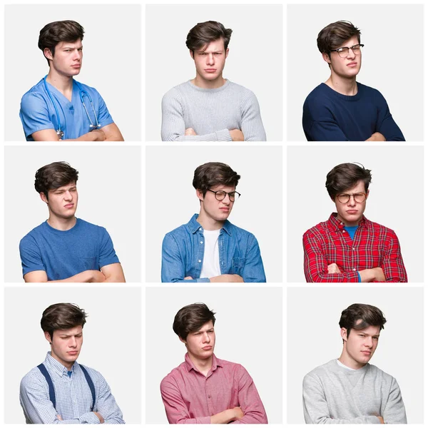 Collage Eines Jungen Mannes Mit Weißem Isoliertem Hintergrund Skeptisch Und — Stockfoto