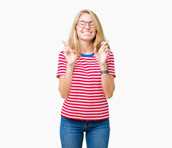 Beautiful Young Woman Wearing Glasses Isolated Background Smiling Crossing Fingers — Stock Photo, Image