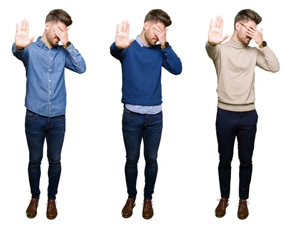 Collage Joven Hombre Negocios Guapo Sobre Fondo Blanco Aislado Cubriendo —  Fotos de Stock