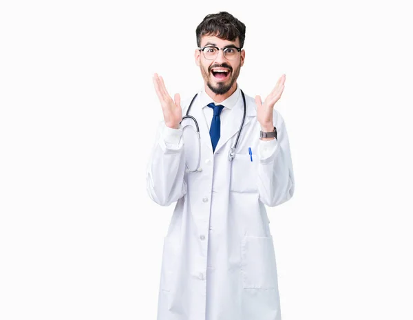 Young Doctor Man Wearing Hospital Coat Isolated Background Celebrating Crazy — Stock Photo, Image