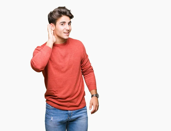 Joven Hombre Guapo Sobre Fondo Aislado Sonriendo Con Mano Sobre — Foto de Stock