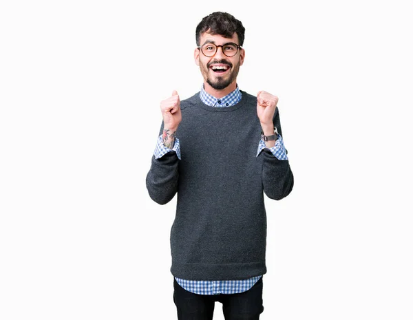 Genç Yakışıklı Zeki Adam Izole Arka Plan Üzerinde Kutluyor Gözlük — Stok fotoğraf