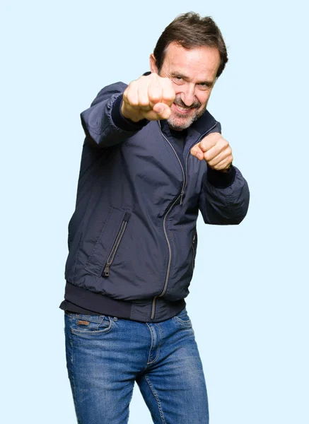 Middle Age Handsome Man Wearing Jacket Punching Fist Fight Aggressive — Stock Photo, Image