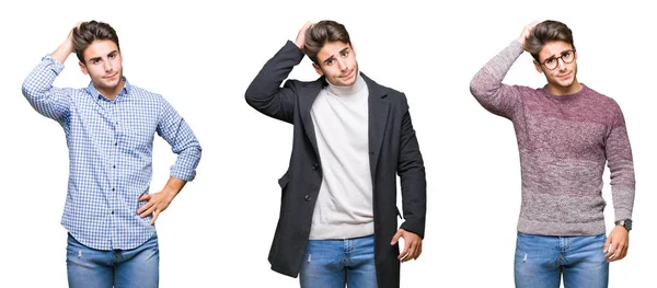 Collage Young Handsome Business Man Isolated Background Confuse Wonder Question — Stock Photo, Image