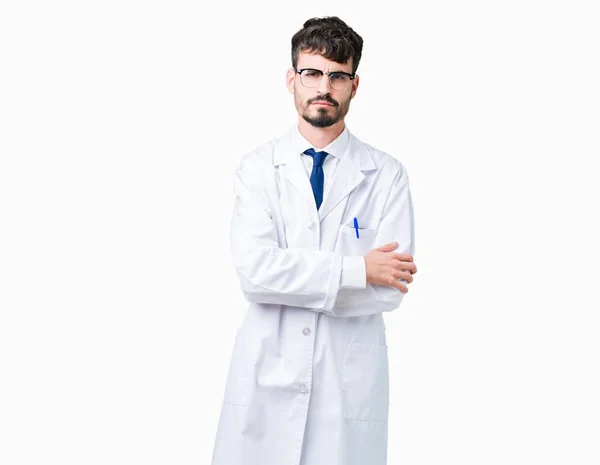 Człowiek Młody Naukowiec Profesjonalne Sobie Biały Płaszcz Nad Białym Tle — Zdjęcie stockowe