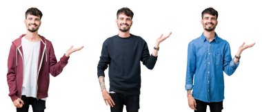 Neşeli sunulması ve kameraya bakarak avucunun ile işaret gülümseyen izole arka plan üzerinde genç adam kolaj.