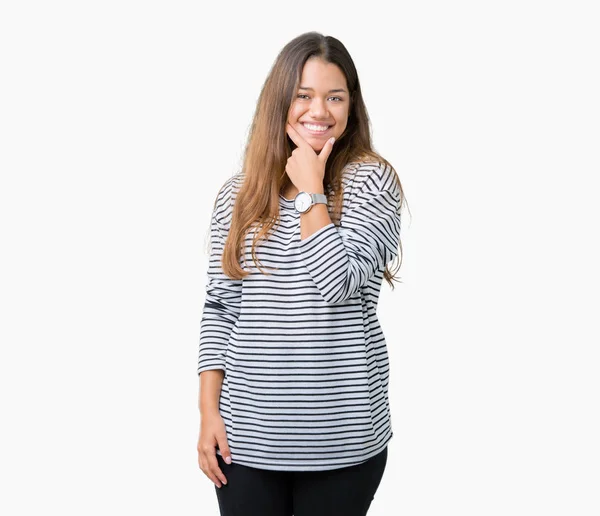 Young Beautiful Brunette Woman Wearing Stripes Sweater Isolated Background Looking — Stock Photo, Image