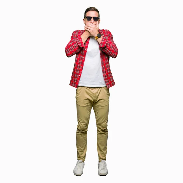 Handsome Man Wearing Fashion Sunglasses Shocked Covering Mouth Hands Mistake — Stock Photo, Image