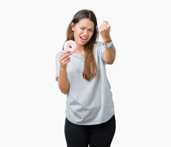 Joven Hermosa Mujer Comiendo Rosado Donut Sobre Aislado Fondo Molesto — Foto de Stock