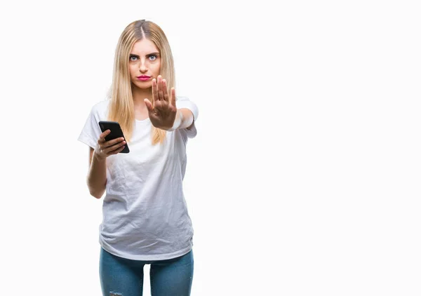 Junge Schöne Blonde Frau Mit Smartphone Über Isoliertem Hintergrund Mit — Stockfoto