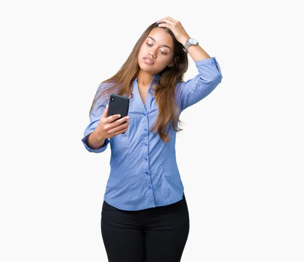 Young Beautiful Brunette Business Woman Using Smartphone Isolated Background Stressed — Stock Photo, Image