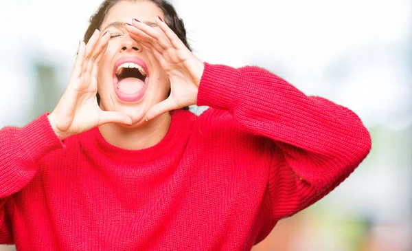 Mooie Jongedame Dragen Rode Trui Broodje Schreeuwen Hardop Vertoornd Overhandigt — Stockfoto