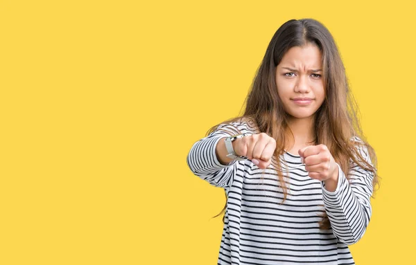 Ung Vacker Brunett Kvinna Bär Ränder Tröja Över Isolerad Bakgrund — Stockfoto