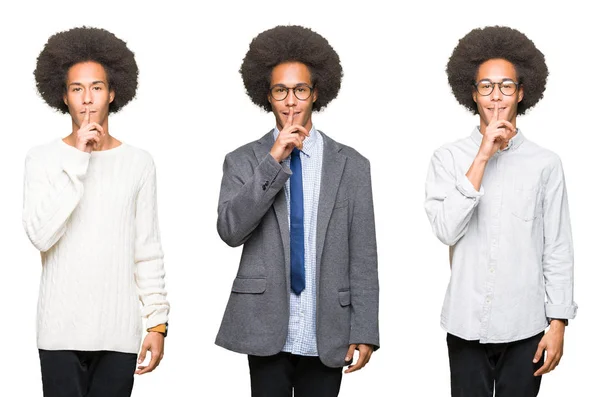 Colagem Jovem Com Cabelo Afro Sobre Fundo Isolado Branco Pedindo — Fotografia de Stock