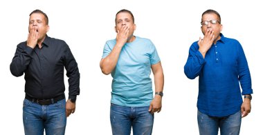 İzole arka plan üzerinde Arap orta yaş adam bileşimi el ile ağız kapsayan yorgun esneme sıkılmış. Huzursuz ve uykululuk.