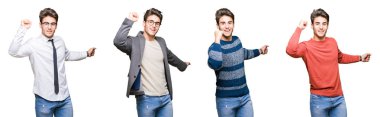 Izole arka plan üzerinde genç yakışıklı iş adamı Kolaj Dans mutlu ve neşeli, hareketli rahat ve kendinden emin müzik dinlerken gülümseyerek