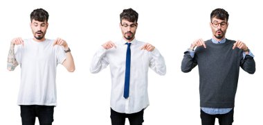 Kolaj gencin izole arka plan üzerinde aşağı reklam, sürpriz yüz ve açık ağız gösterilen parmakları ile işaret